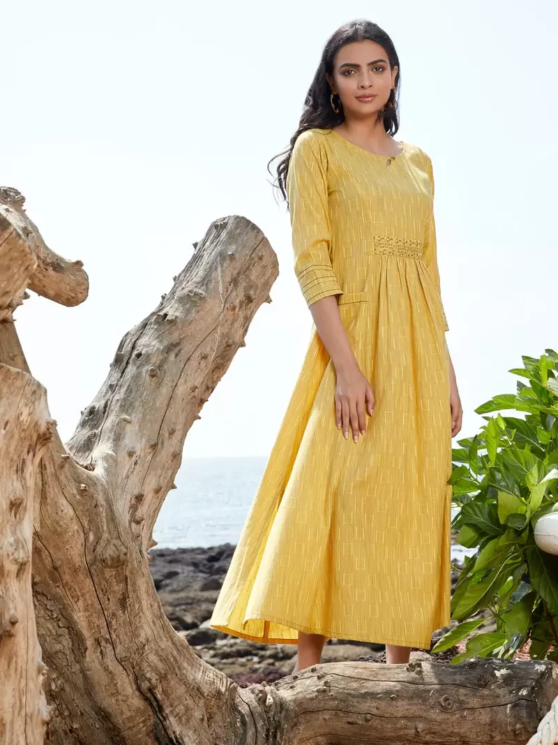 YELLOW WOVEN SOLID WITH EMBROIDERED LIVA EMPIRE HIGH DRESS