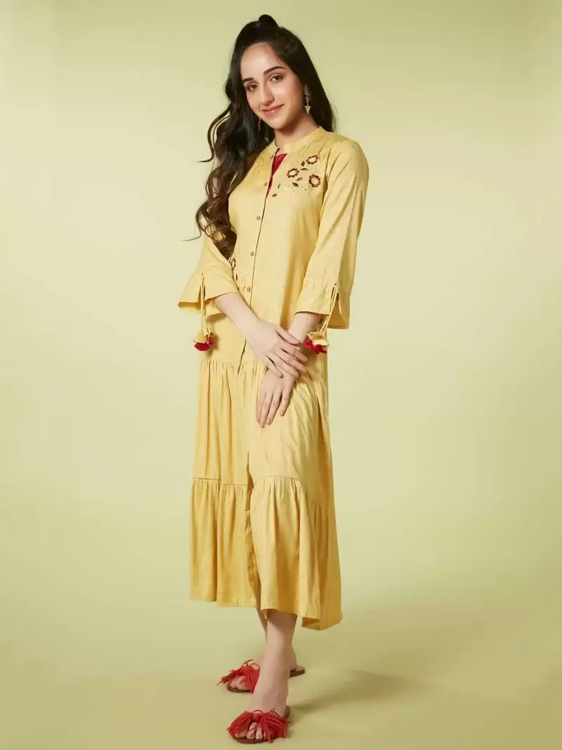 MUSTARD WEAVED FABRIC WITH EMBROIDERY VISCOSE RAYON A LINE DRESS