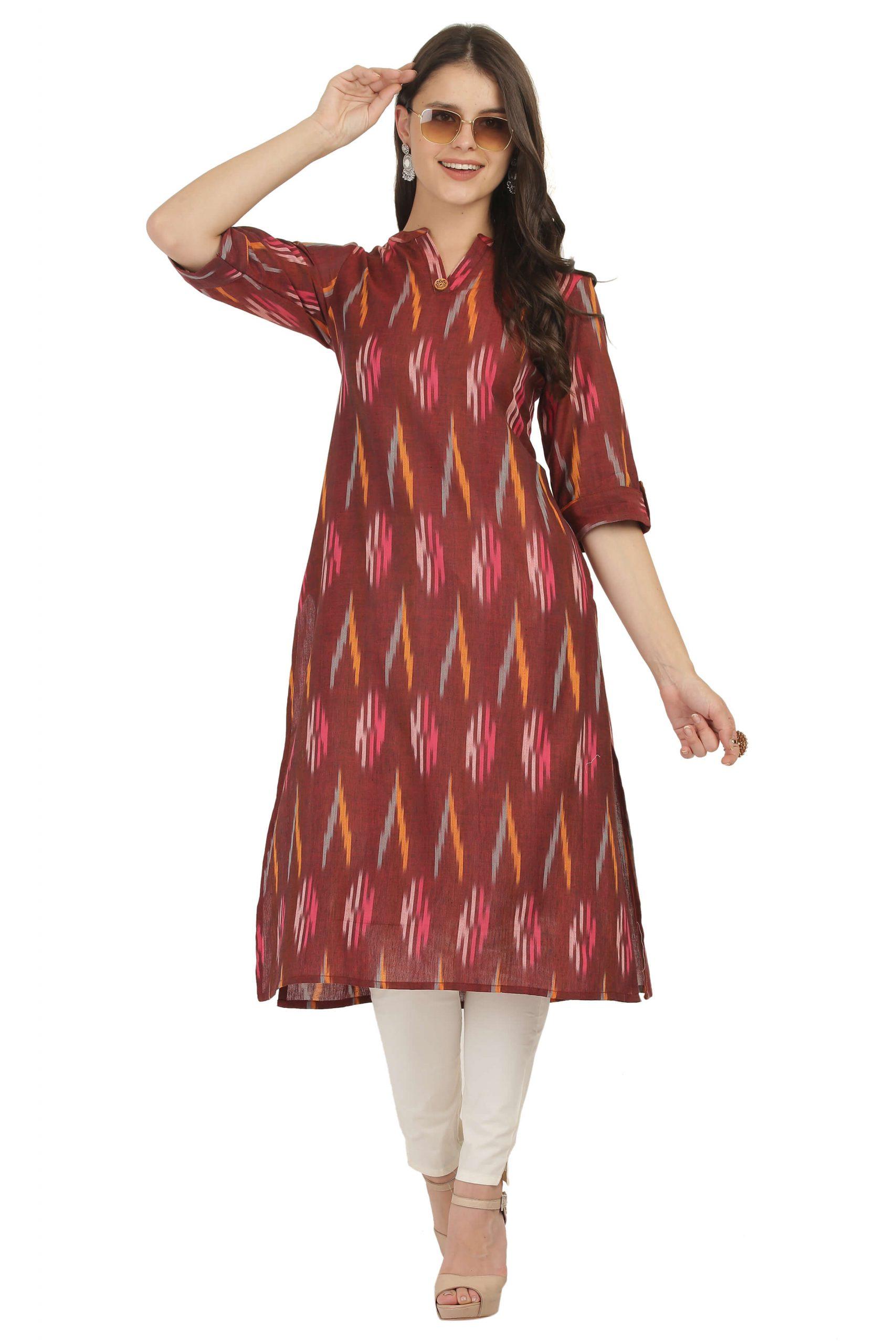 Raas- Ikkat Women’s Kurta | 100% Cotton Kurti | Handloom | Red Maroon Multicolour