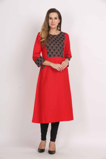 Elegance – Red A-line Cotton Flex Kurta with Bagru print Yoke