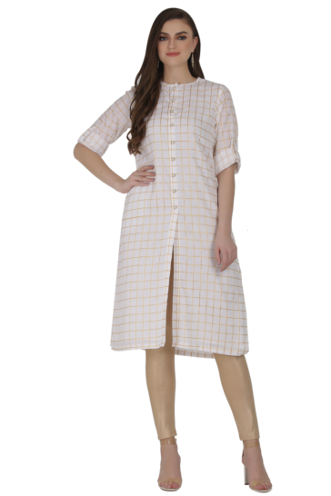 Jivitha White Cotton Woven Checkered Chanderi Gold Yarn with Pearl Fastening for Women