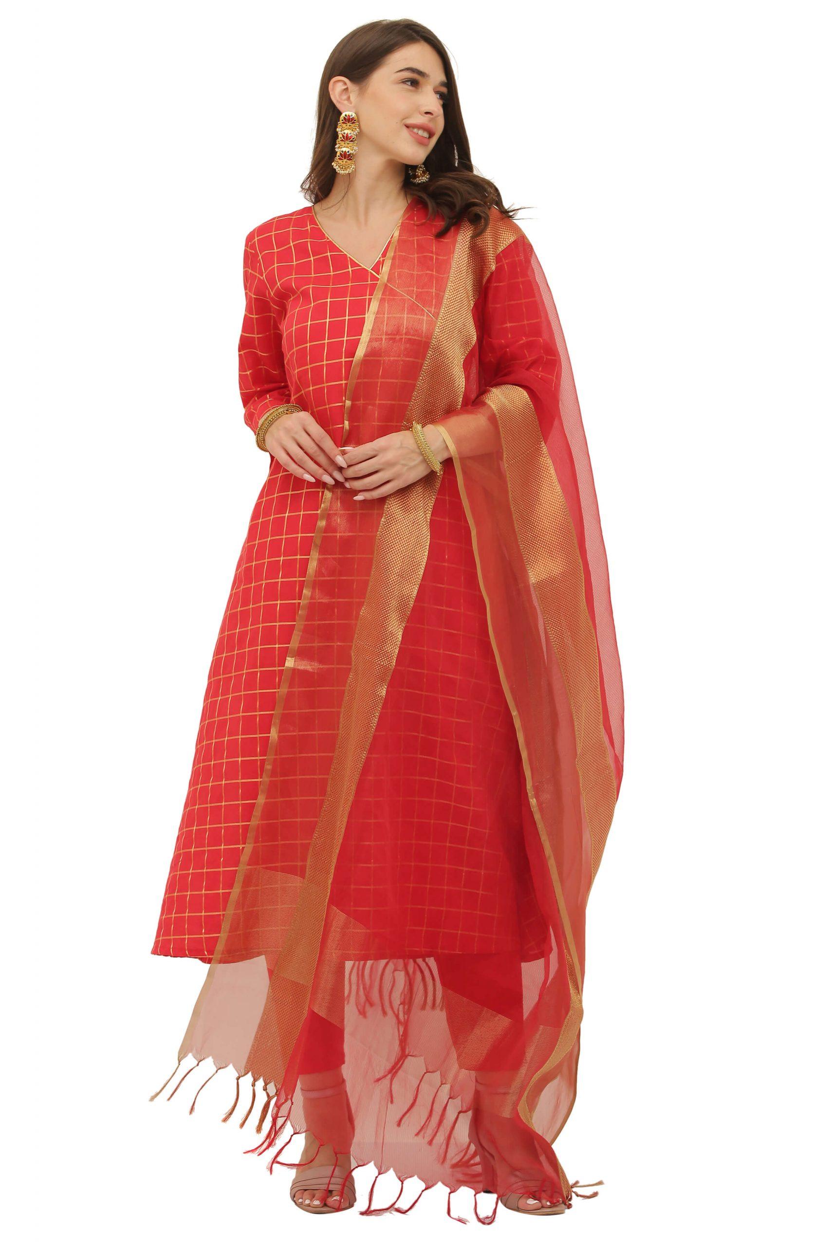 Desire – Gold weaved Chequered Red A Line Kurta