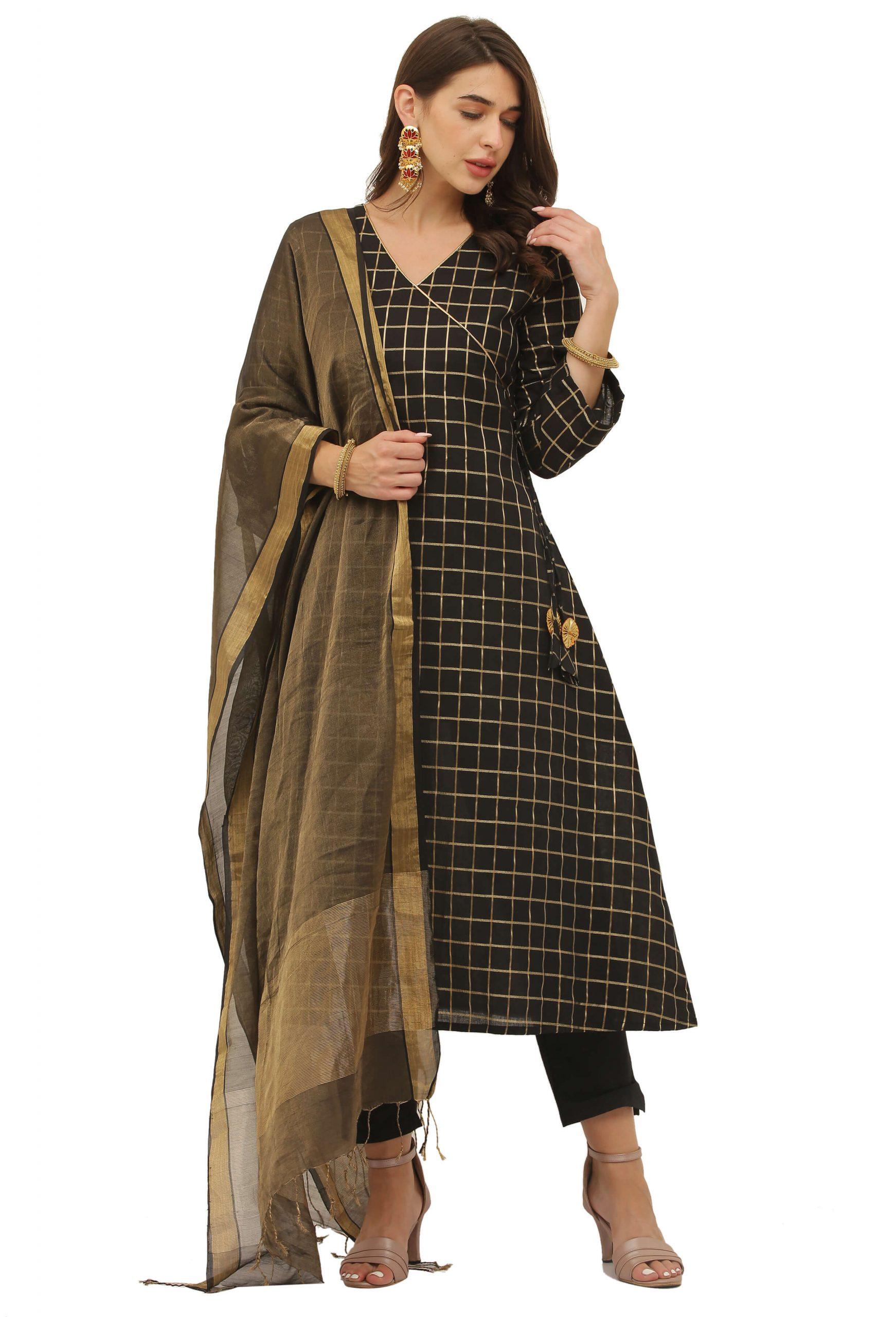 Jivitha Black Cotton Woven Checkered Chanderi Gold Yarn A-line Kurta 