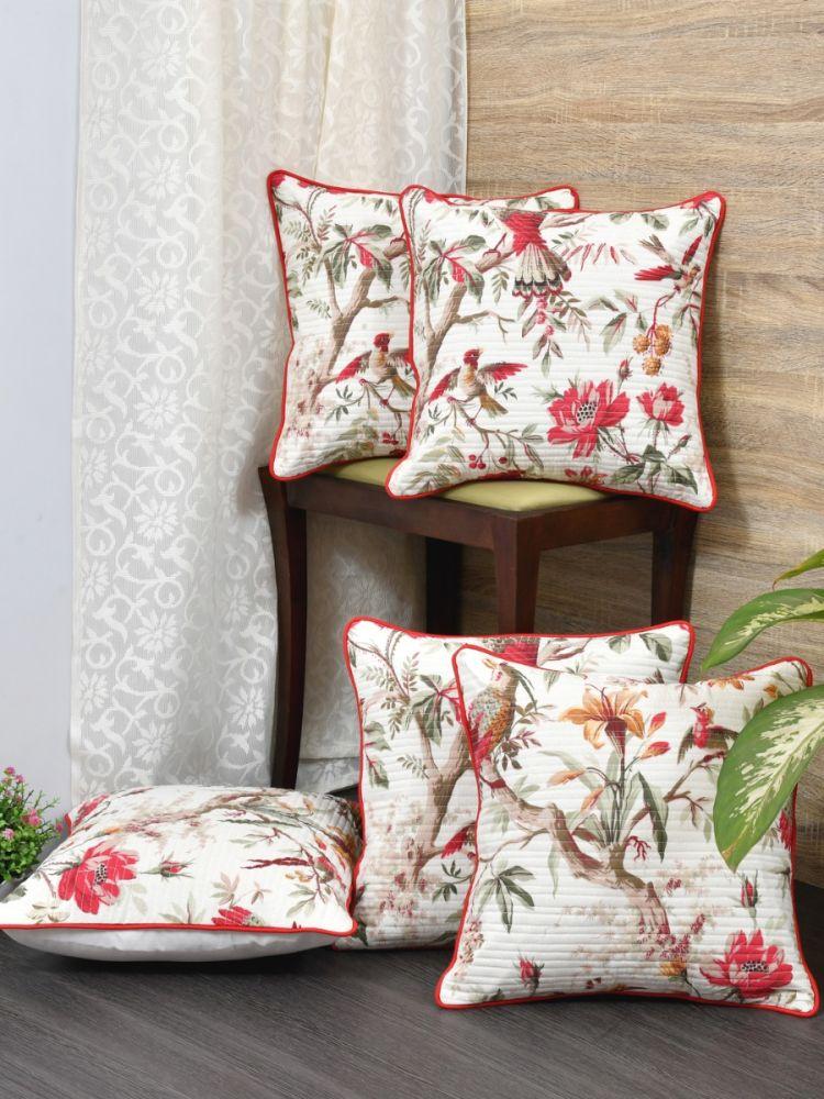 The Home Story Cushion Covers Set of 5; 18x18 Inches; Red Flowers & Birds