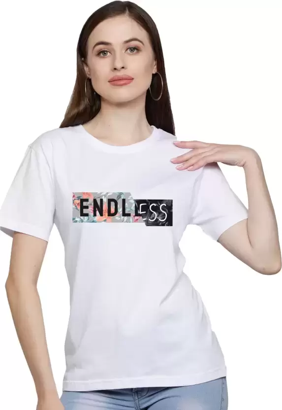 FALTU.CO  Women Endless Printed Round Neck White T-Shirt