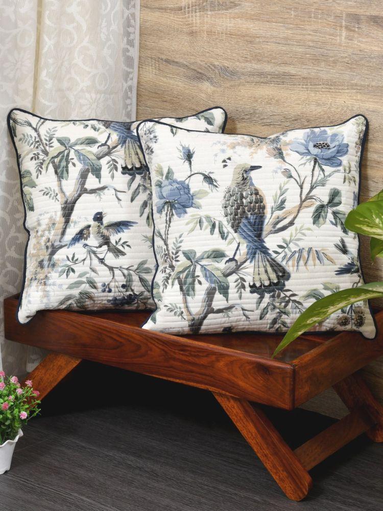 The Home Story Cushion Covers Set of 2; 18x18 Inches; Blue Flowers & Birds