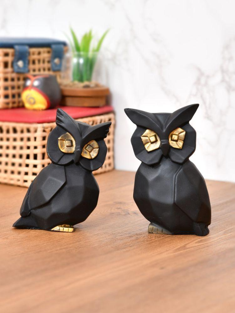 The Home Story Black Owls Set Of 2 With Golden Eyes & Feet