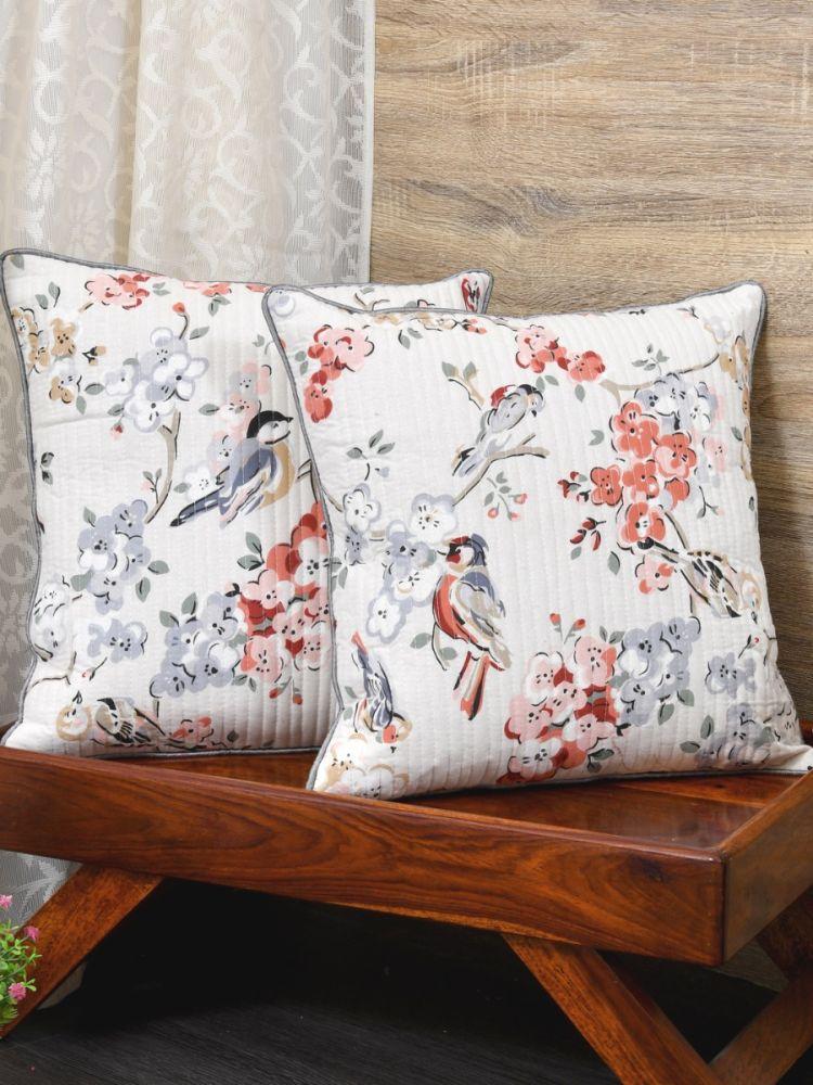 The Home Story Cushion Covers Set of 2; 18x18 Inches; Grey Flowers & Birds