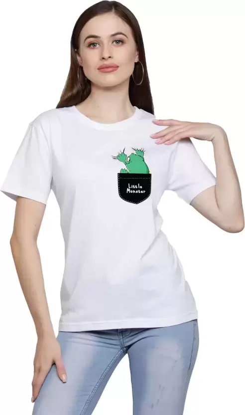 FALTU.CO  Women Little Monster Printed Round Neck White T-Shirt