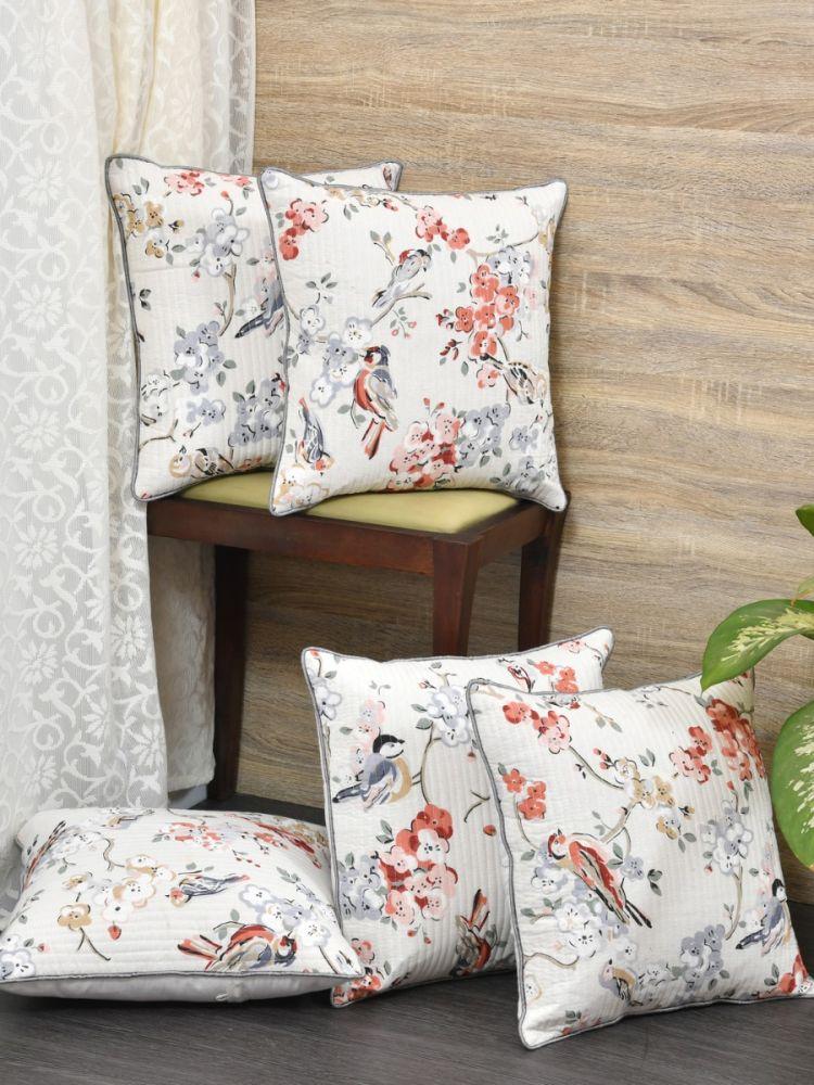The Home Story Cushion Covers Set of 5; 18x18 Inches; Grey Flowers & Birds