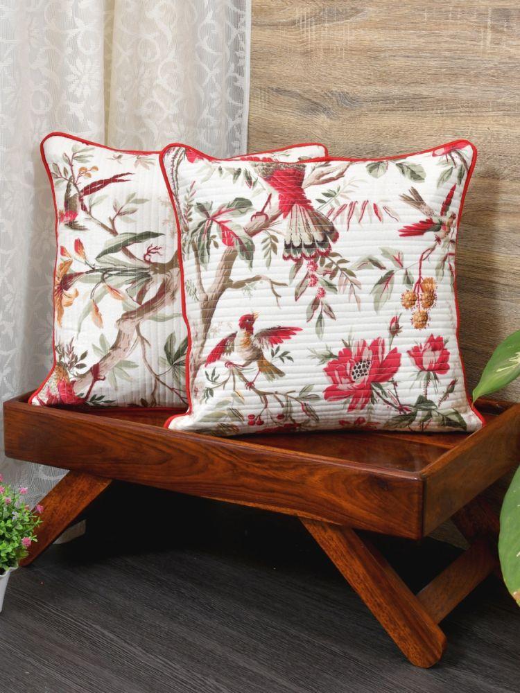 The Home Story Cushion Covers Set of 2; 18x18 Inches; Red Flowers & Birds