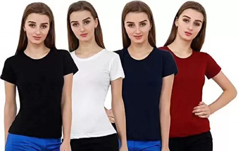 FALTU.CO  Pack of 4 Women Solid Round Neck Multicolor T-Shirt 