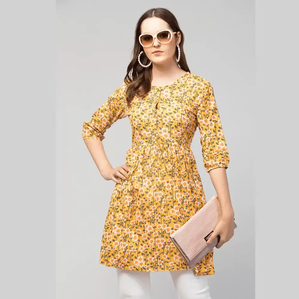 Yellow A-line Floral Print Dress