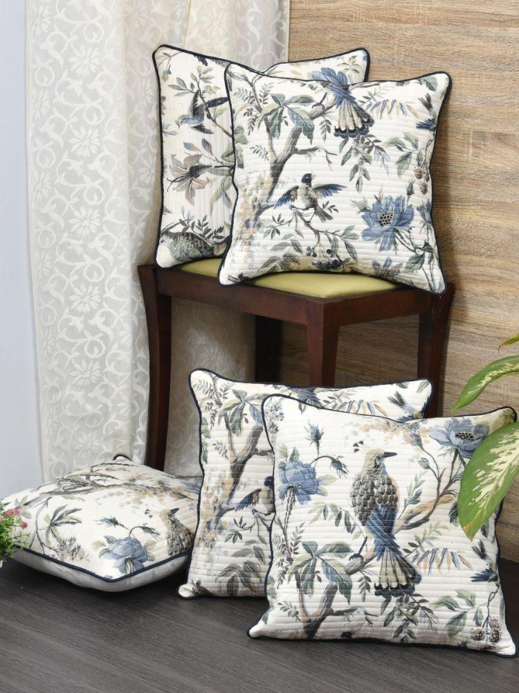 The Home Story Cushion Covers Set of 5; 18x18 Inches; Blue Flowers & Birds
