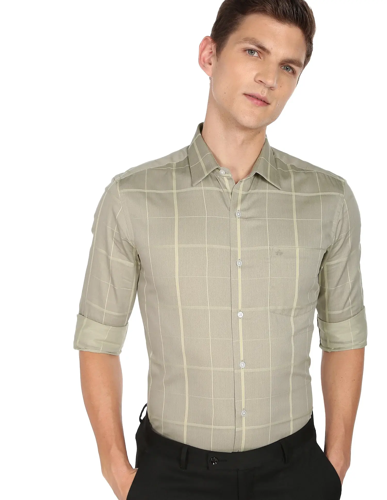 ARROW Men Beige Manhattan Slim Fit Windowpane Check Formal Shirt