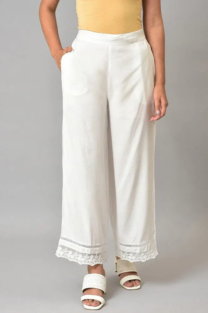 W Ecru Parallel Pants With Lace At Hemline