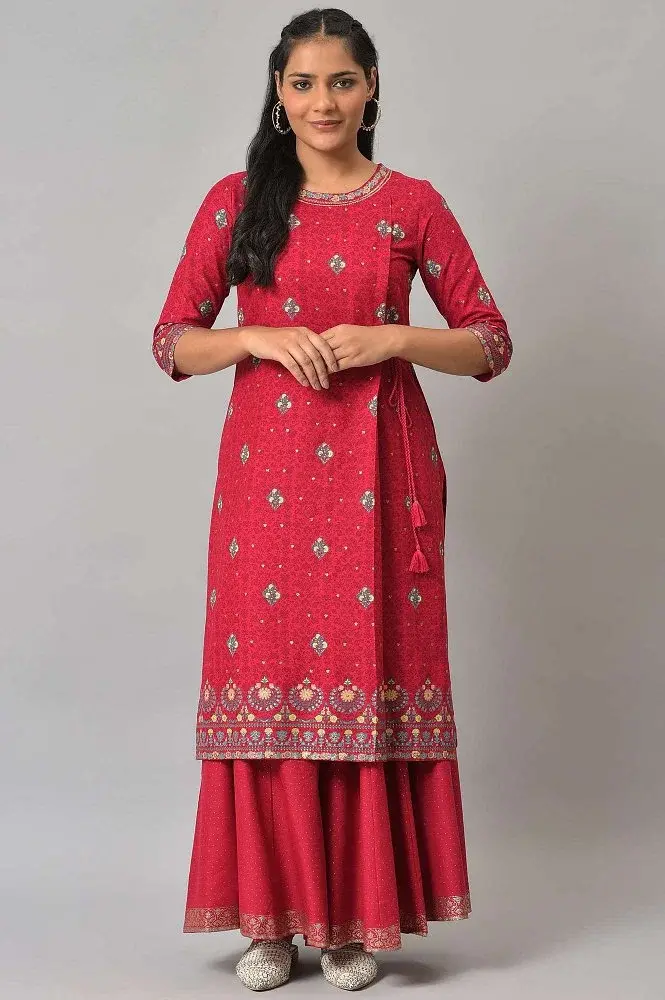 Fuschia Pink Floral Printed Kurta With Sequins