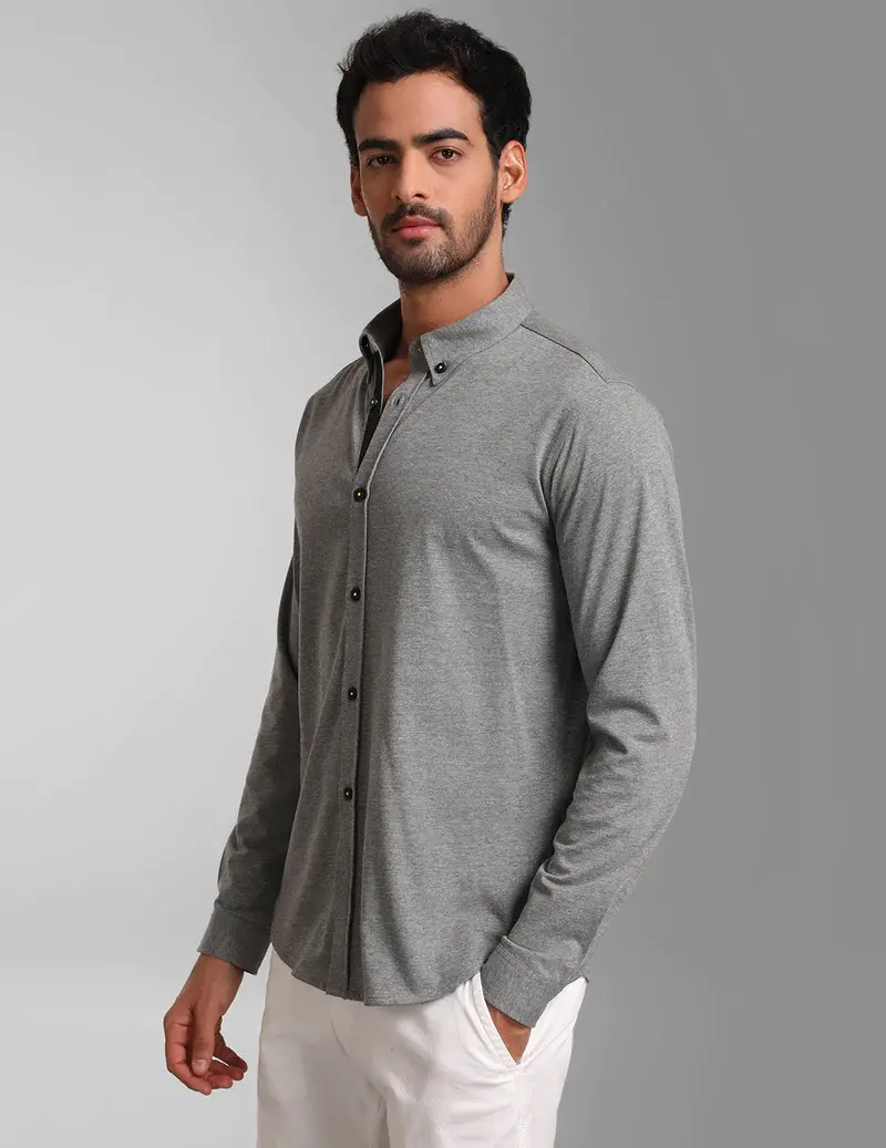 Kazo Grey Knit Melange Regular Fit Shirt