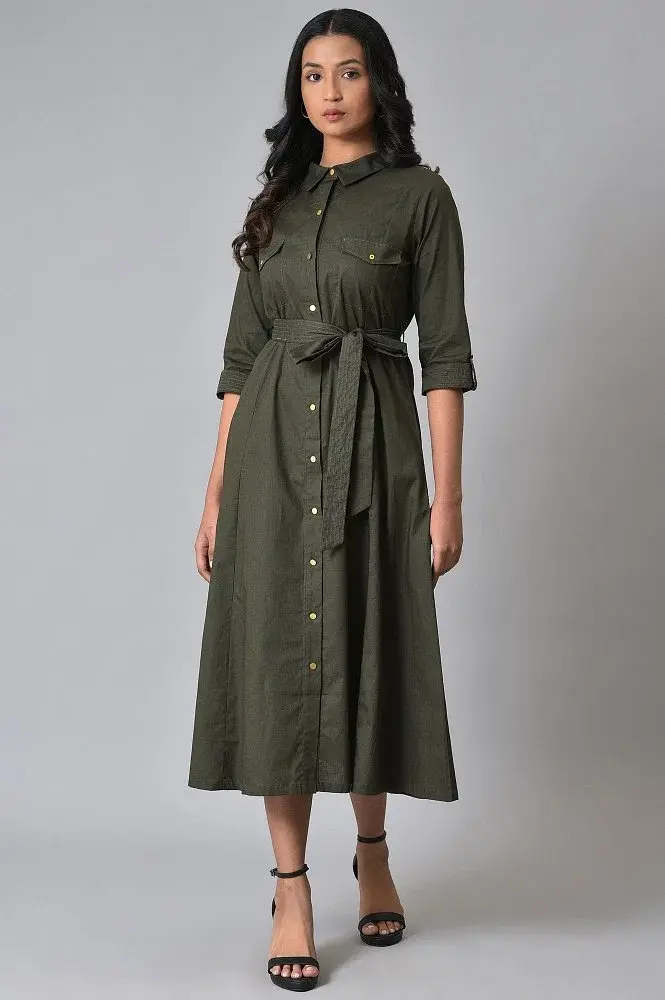 Olive Green Western Dress With Belt