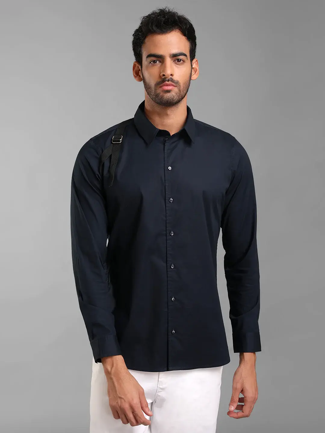 Kazo Navy Blue Cotton Stretch Button Down Shirt With Strap Detail