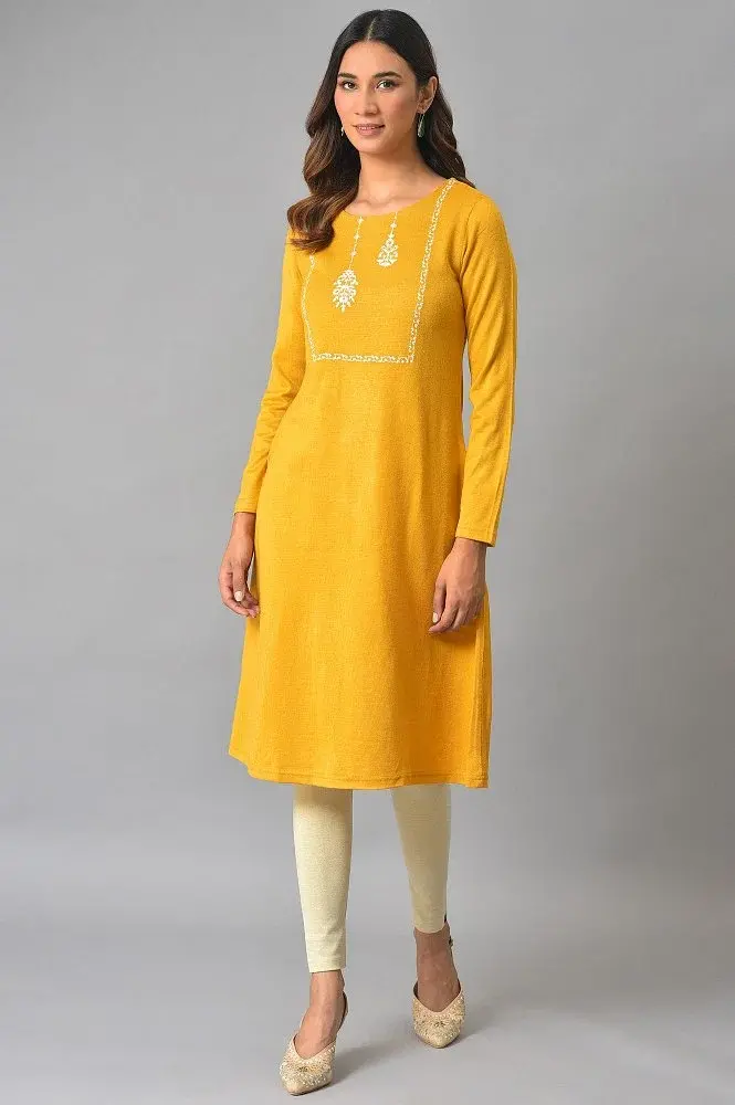 Plus Size Yellow Winter kurta With Embroidered Yoke