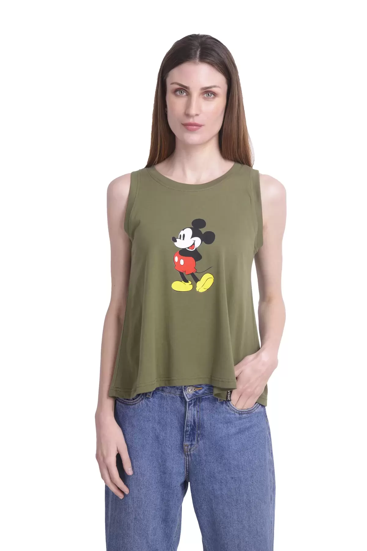 OLIVE GREEN A SHAPED MICKEY PRINT TANK TOP