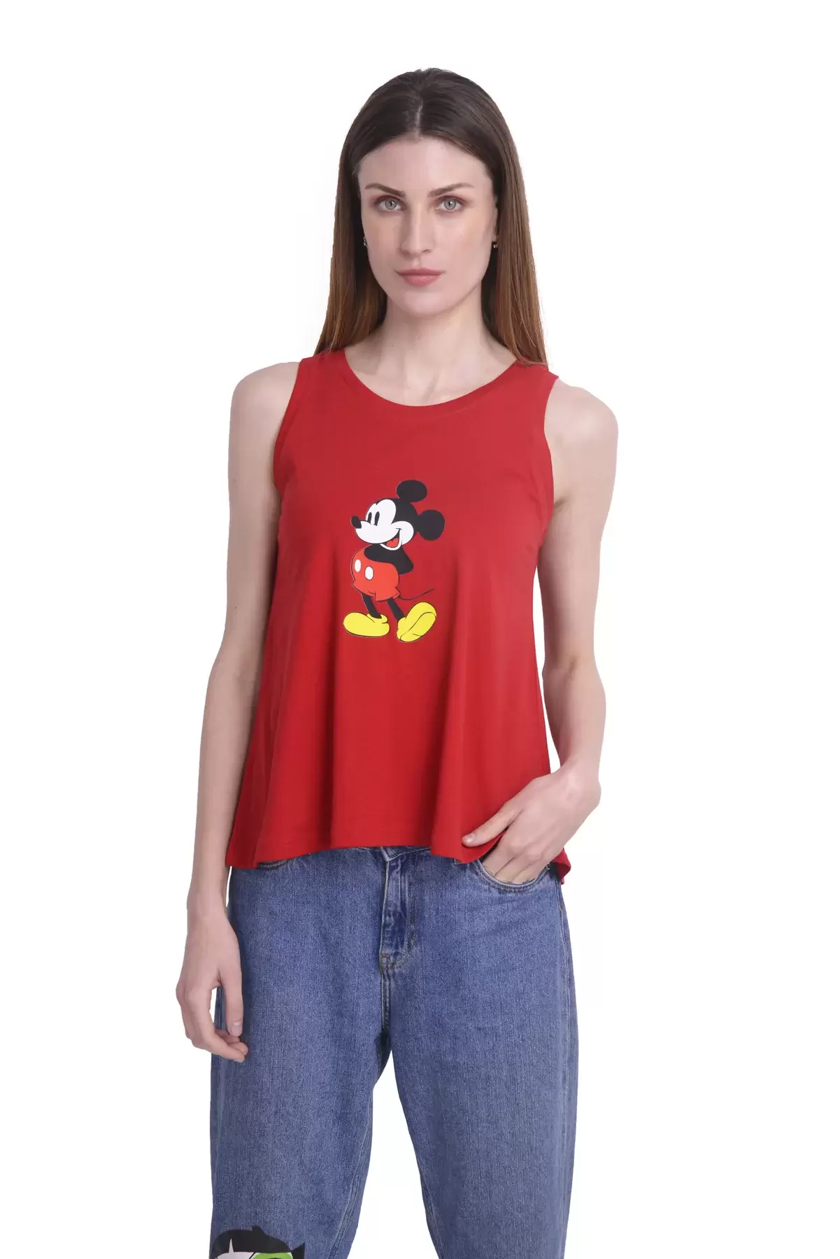 RED A SHAPED MICKEY PRINT TANK TOP