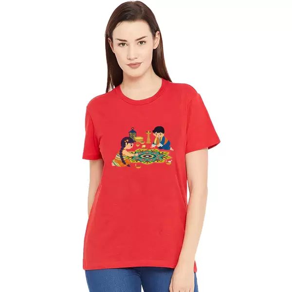 Diwali Printed Womens T-Shirt Red