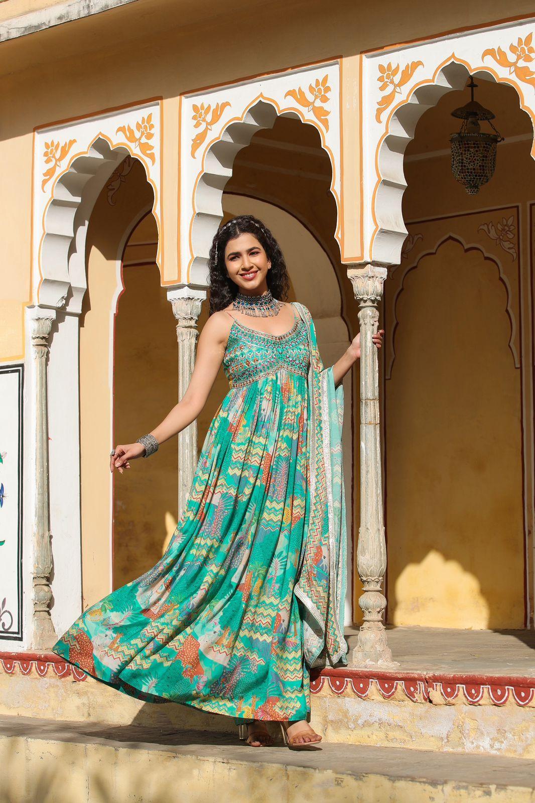 Muslin Anarkali strap gown with beautiful duppatta