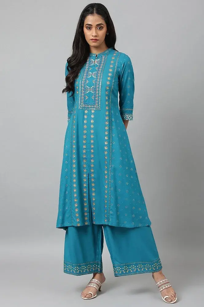 W Blue A-Line Embroidered Kurta With Parallel Pants