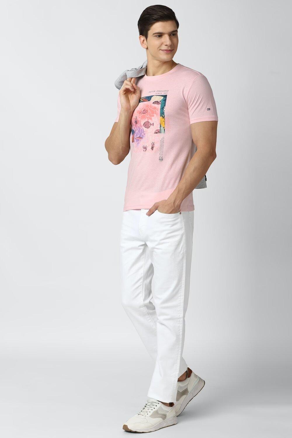 Peter England  Men Pink Graphic Print Crew Neck best Round Neck T-Shirts