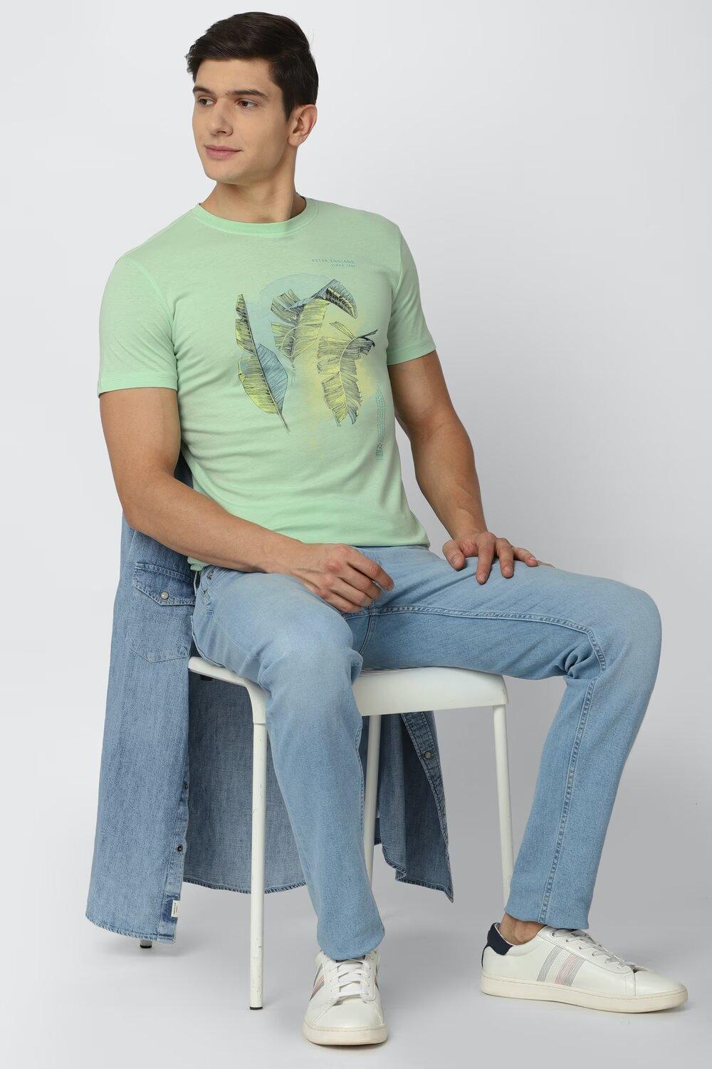 Peter England  Share Men Green Graphic Print Crew Neck Round Neck good T-Shirts
