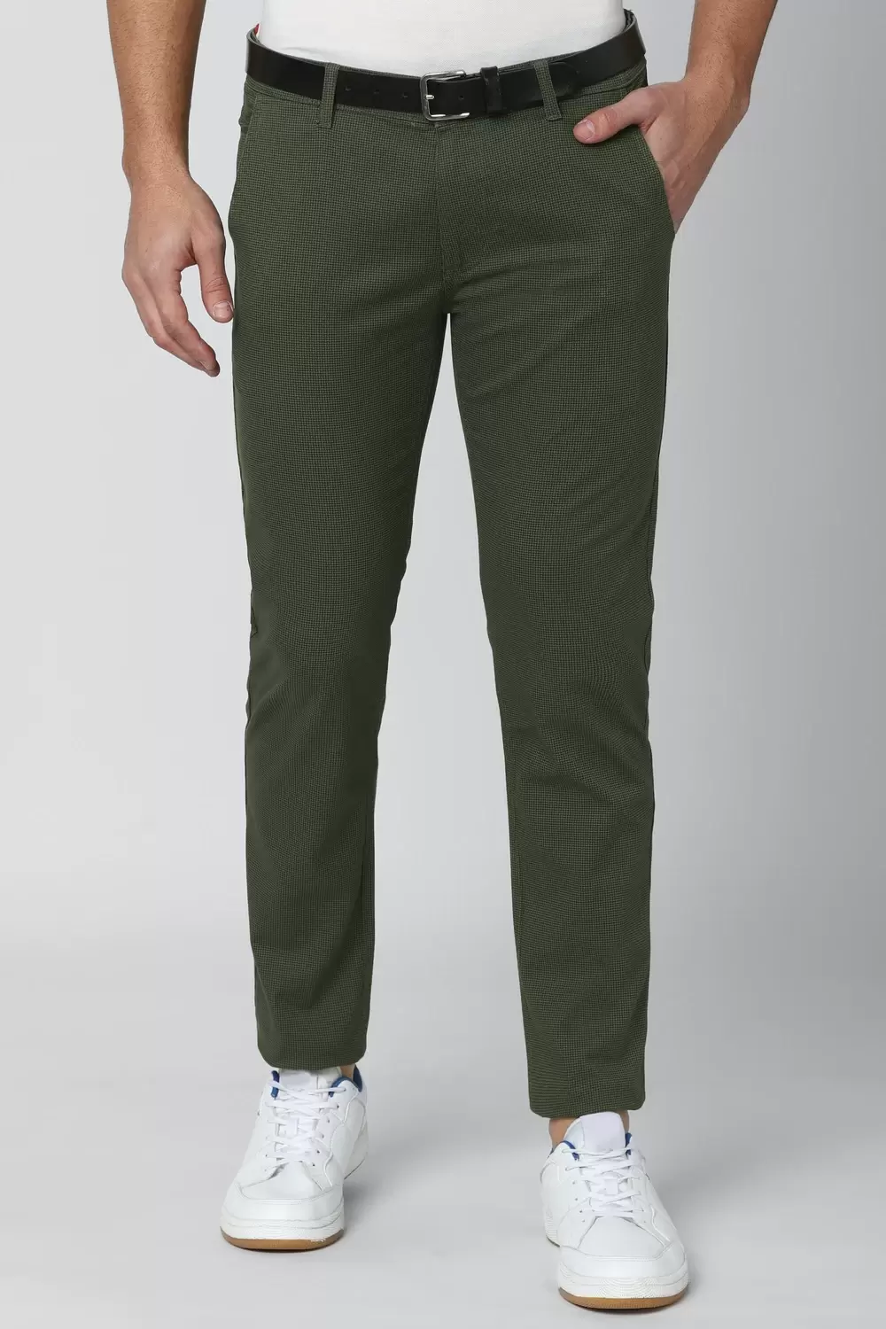 Peter England  Men Olive Solid Super Slim Fit Casual Trousers