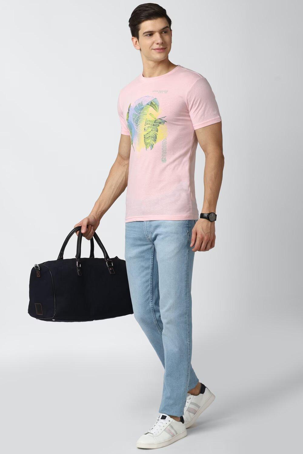 Peter England Men Pink Graphic Print Crew Neck Round Neck T-Shirts