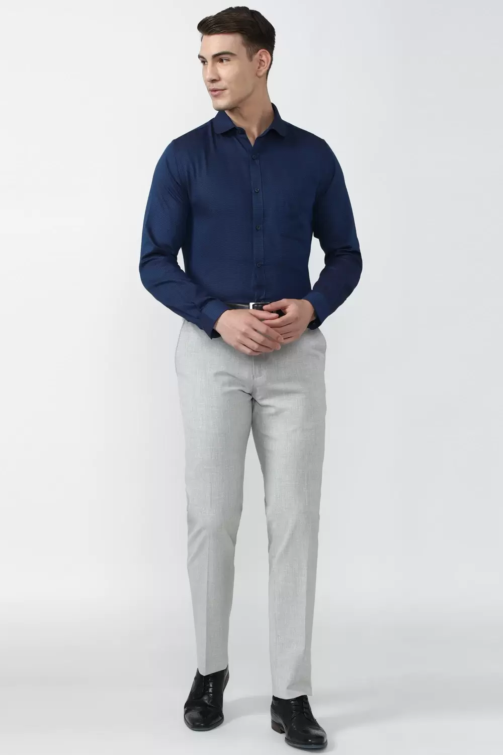 Peter England Men Grey Textured Slim Fit Formal Trousers