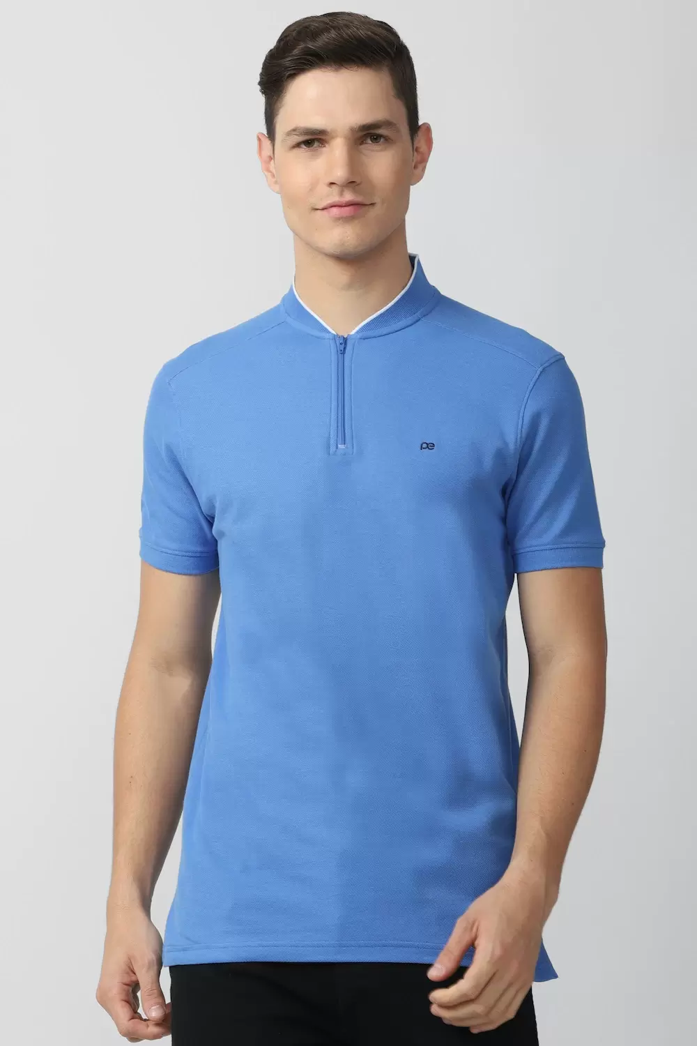 Peter England Men Blue Solid Stylized Neck Round Neck T-Shirts