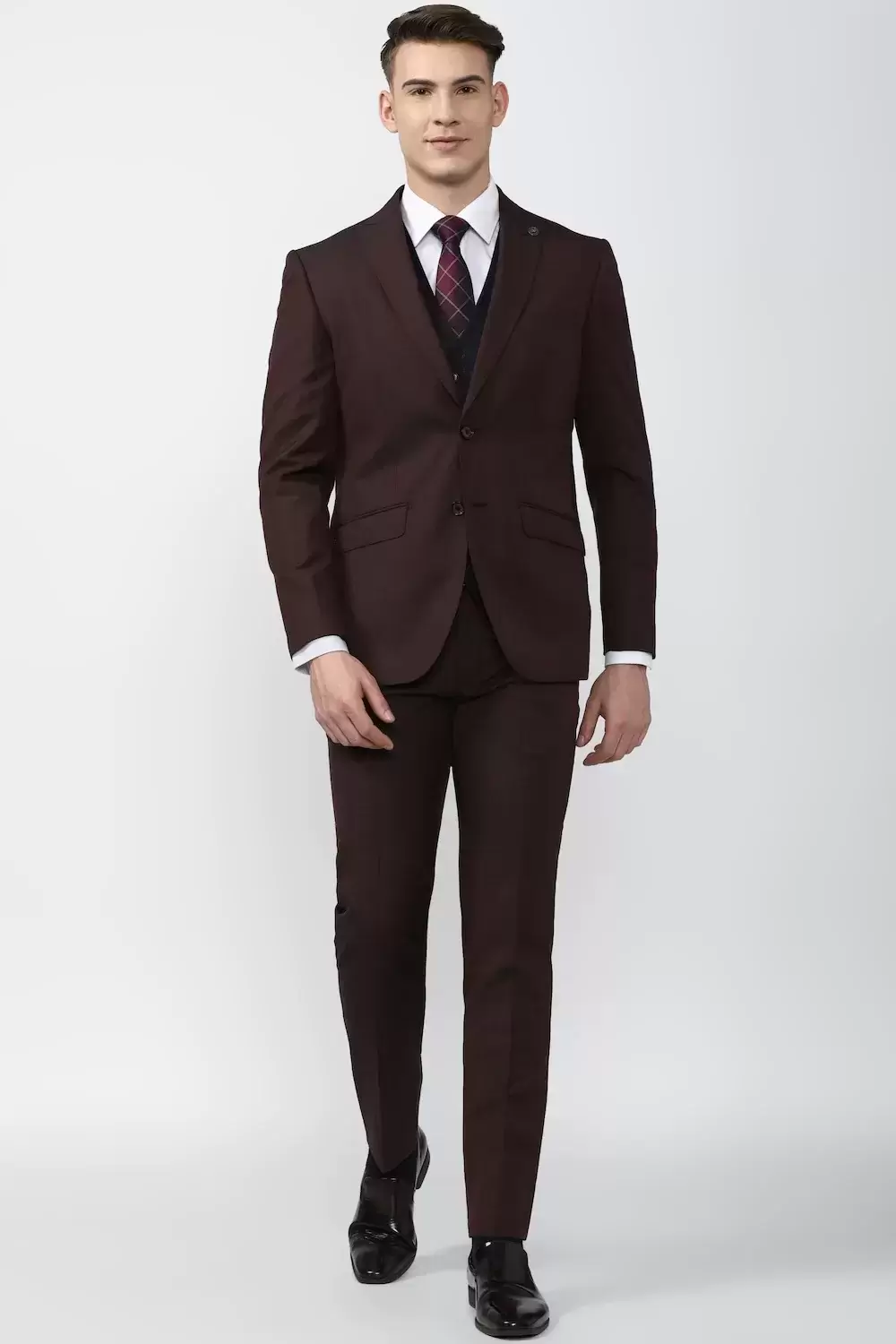 Peter England Men Maroon Textured best Slim Fit Formal Three Piece Suit