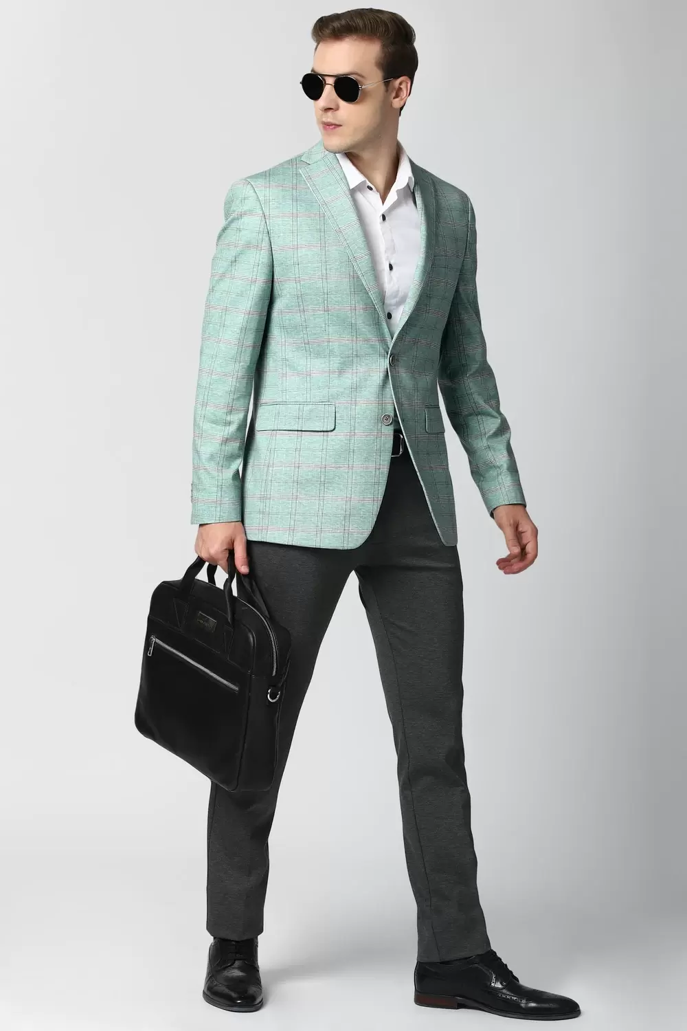 Peter England Men Green Check Slim Fit Formal Blazer