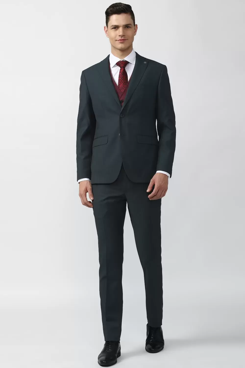 Peter England Men Grey Solid Slim Fit Formal Three Piece Suit