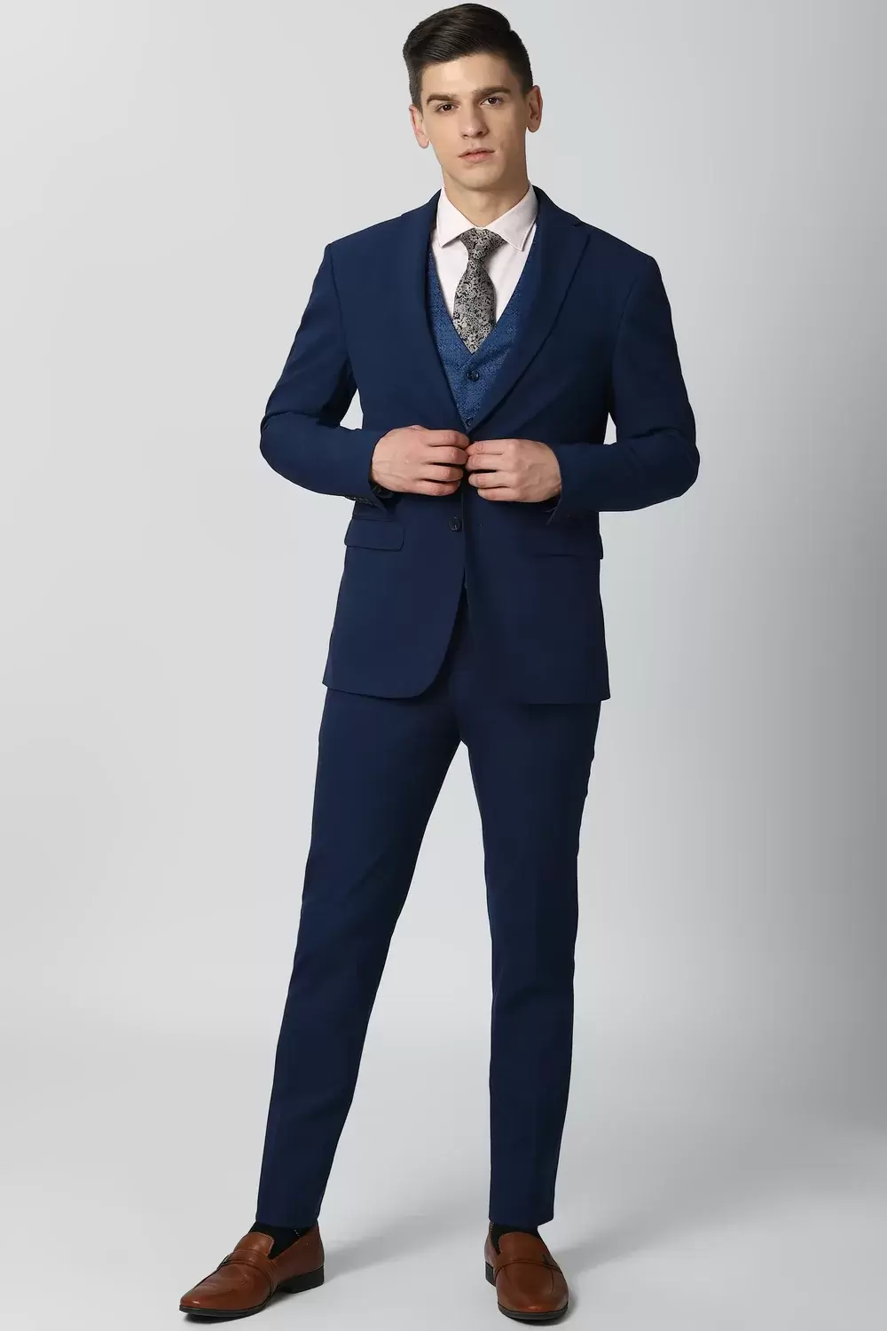 Louis Philippe Navy Slim Fit Texture Three Piece Suit