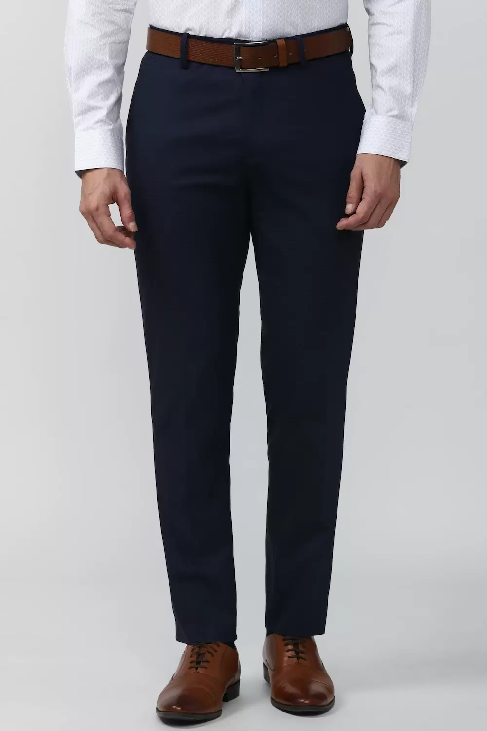 Peter England Men Navy Check Slim Fit Formal Trousers