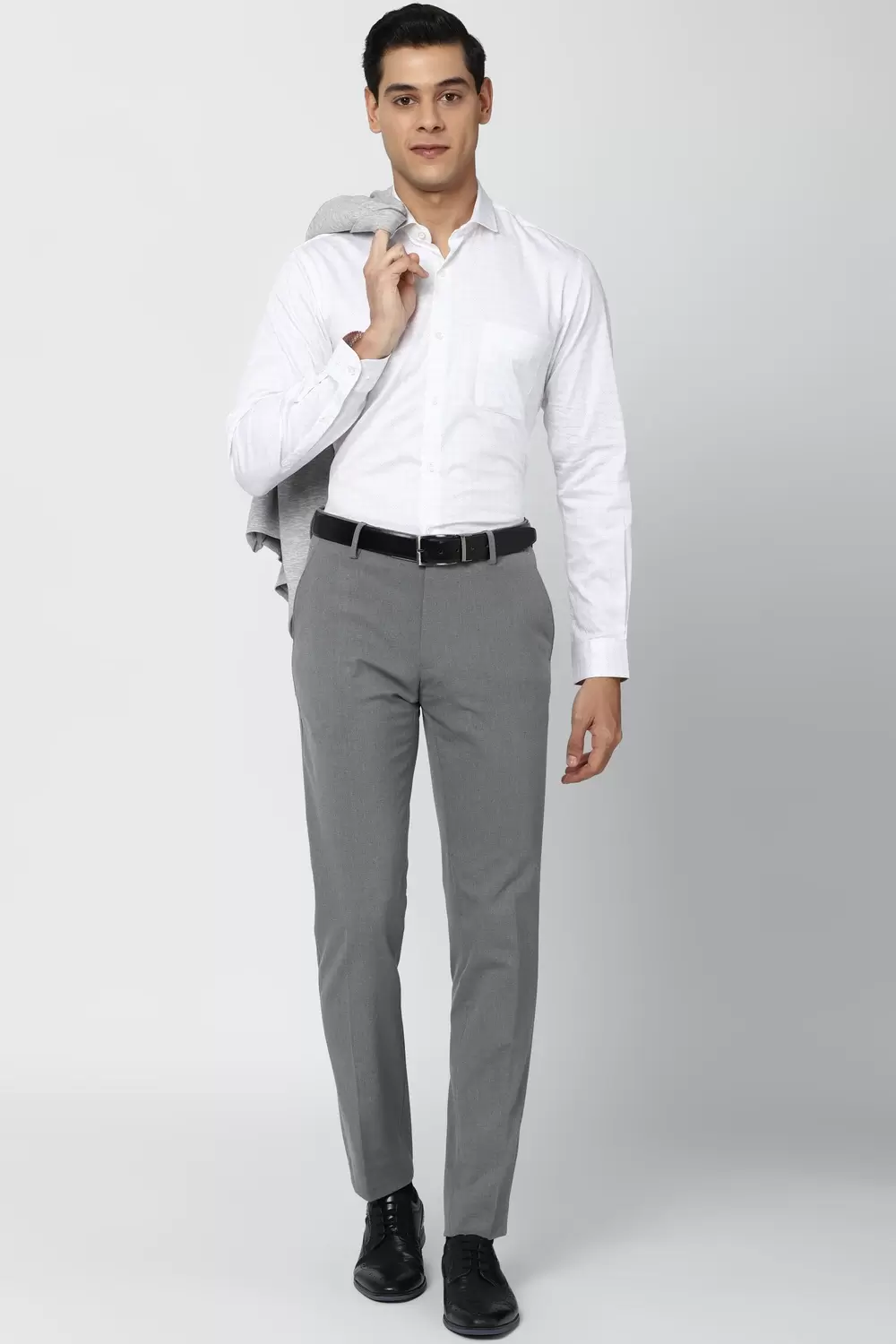 Peter England Men Grey Textured best Slim Fit Formal Trousers