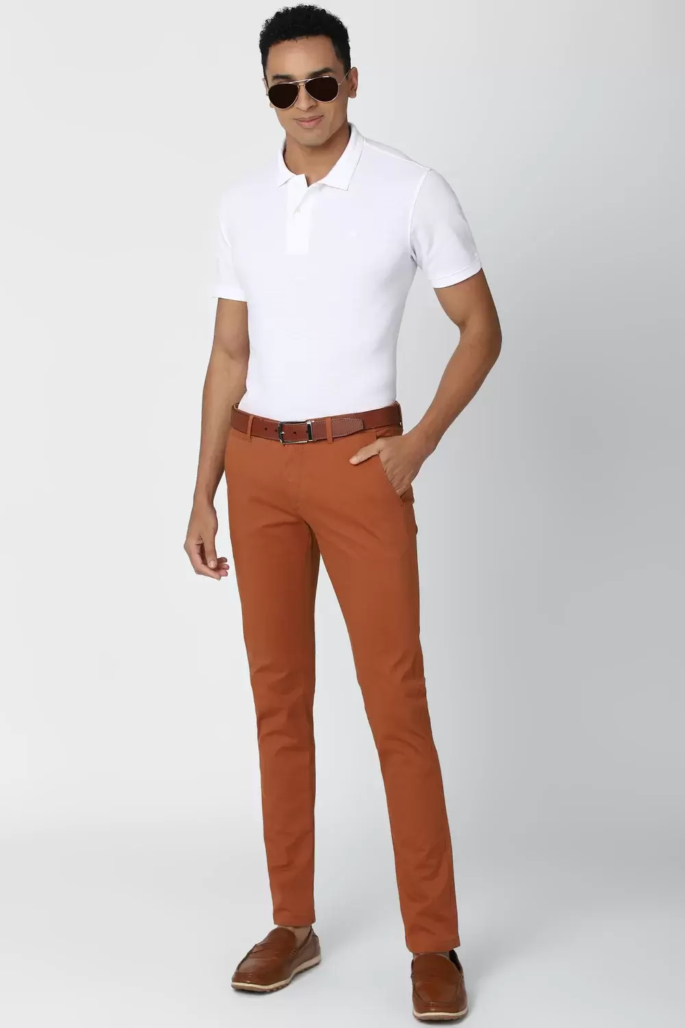 Peter England Men Orange Solid Low Skinny Fit Casual Trousers