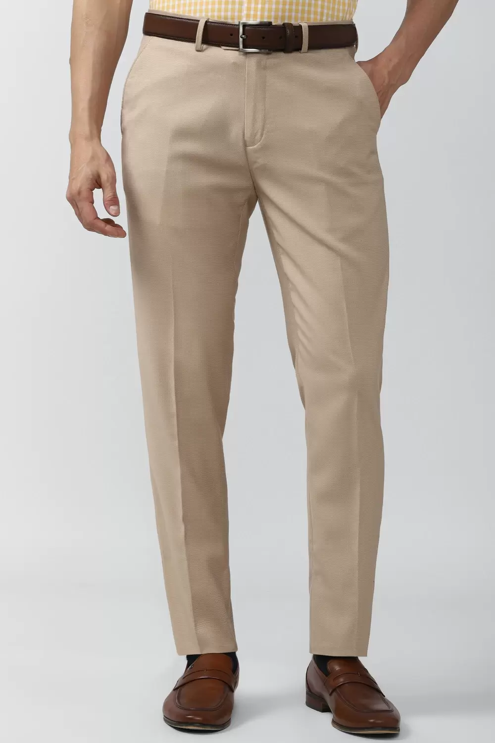Peter England Men Beige Solid Slim Fit Formal Trousers
