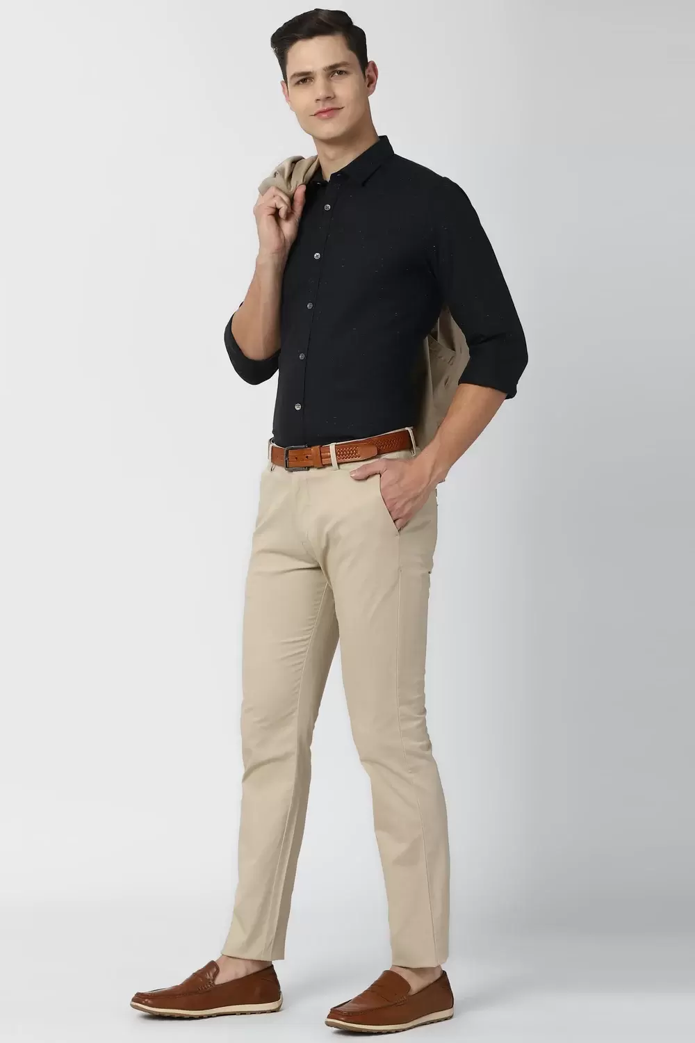 Peter England Men Khaki Solid Slim Fit Casual Trousers