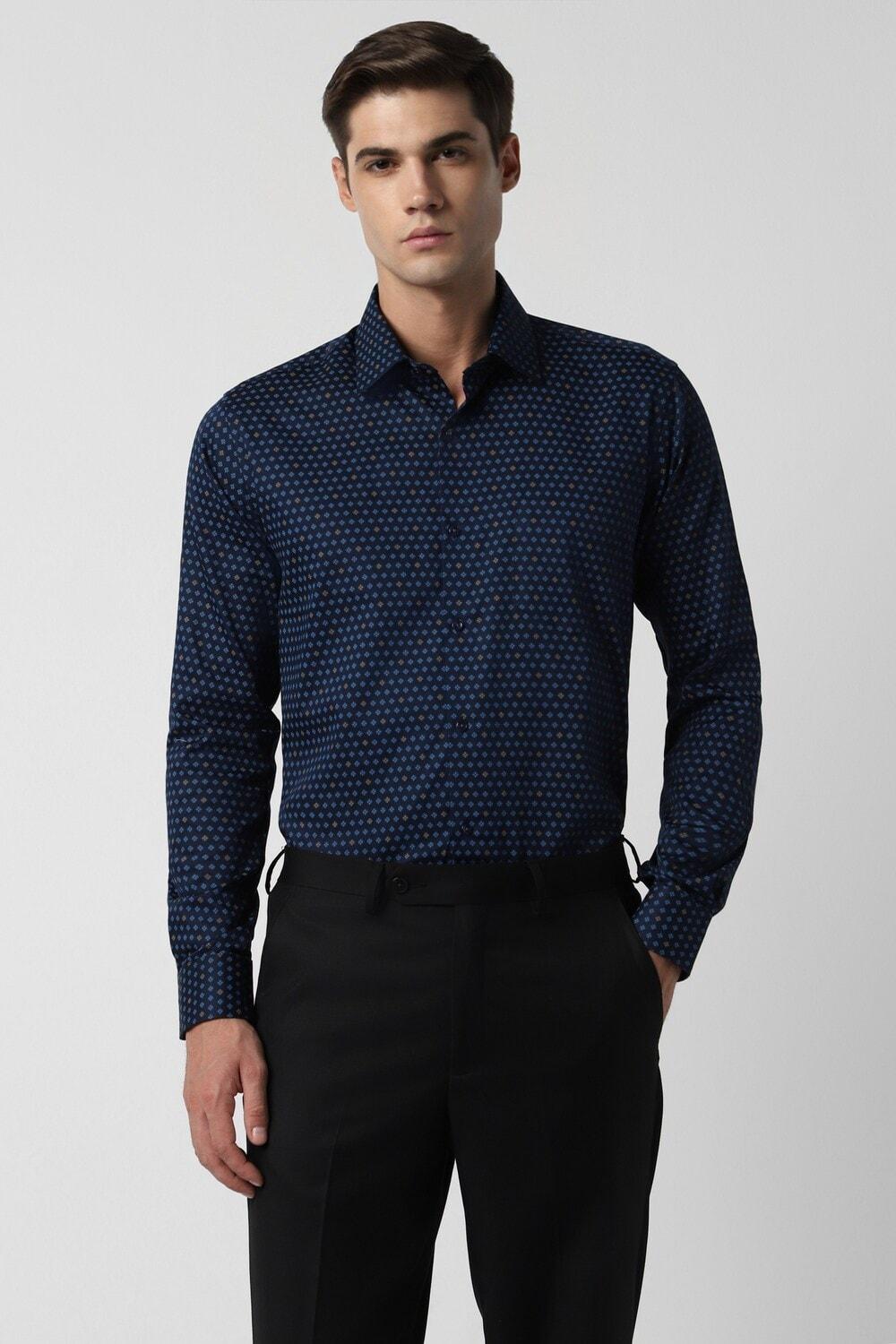 Navy Regular Fit Print Full Sleeves Shirt For Men
