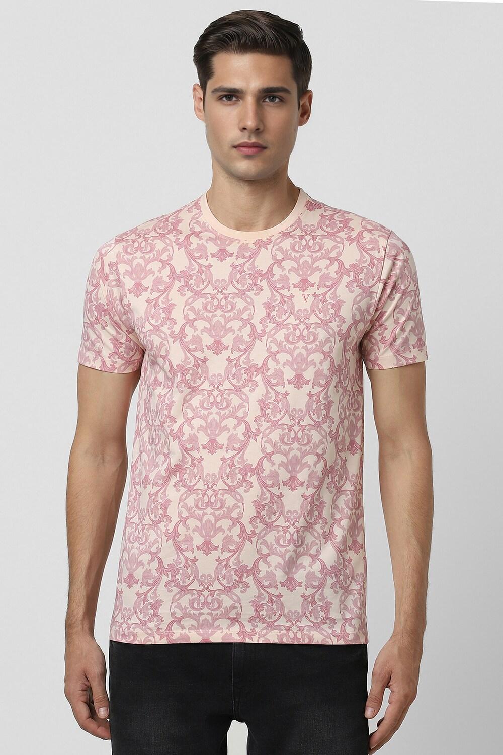 Pink Print Crew Neck Tshirt For Men 
