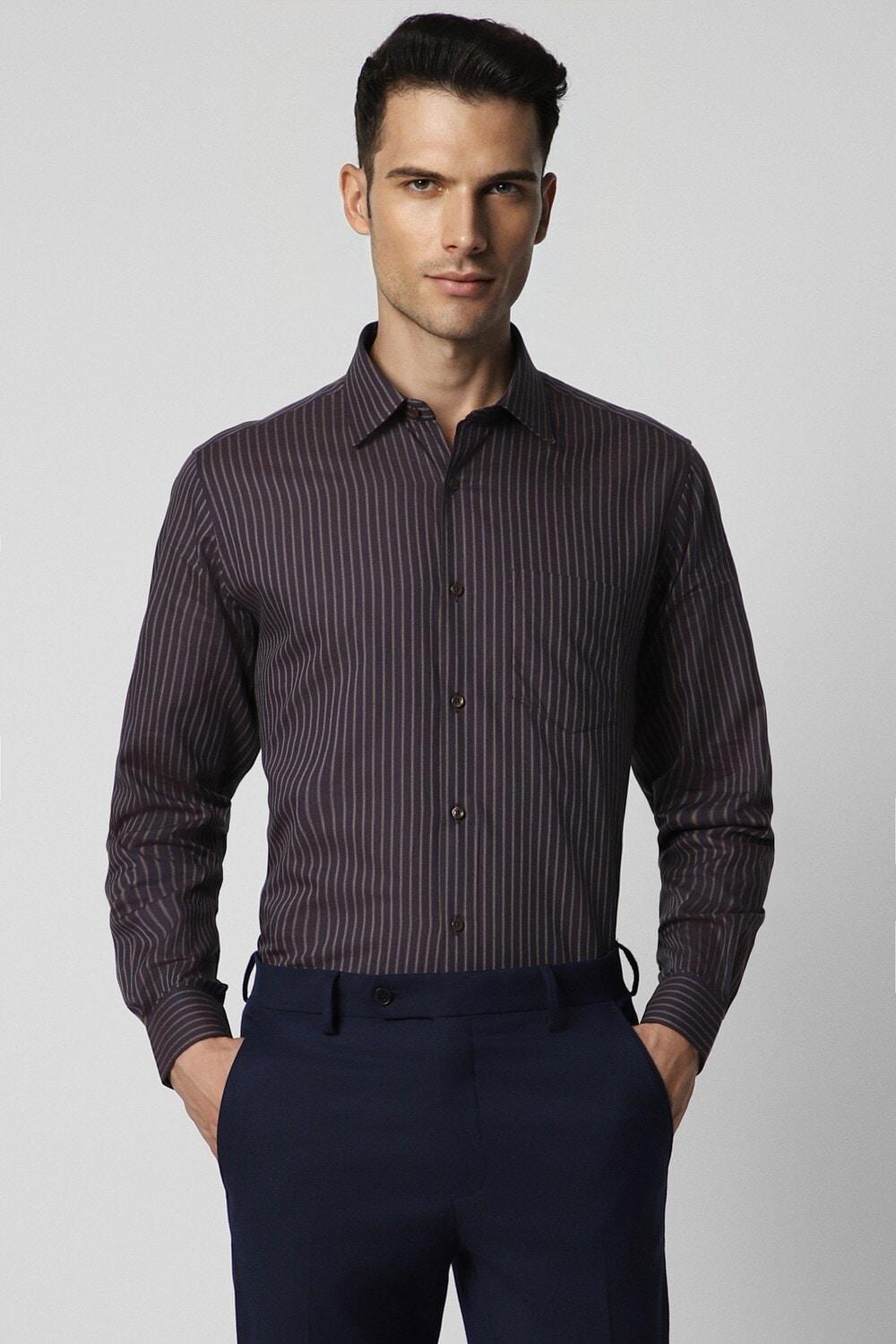 Men Purple Regular Fit Stripe Full Sleeves Wedding Shirt