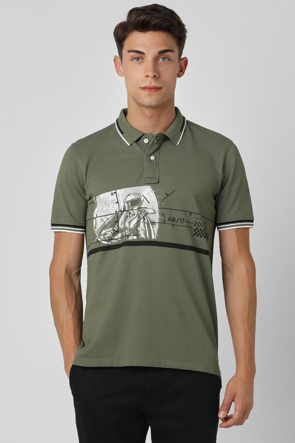 Green Print Polo Neck Men Tshirt