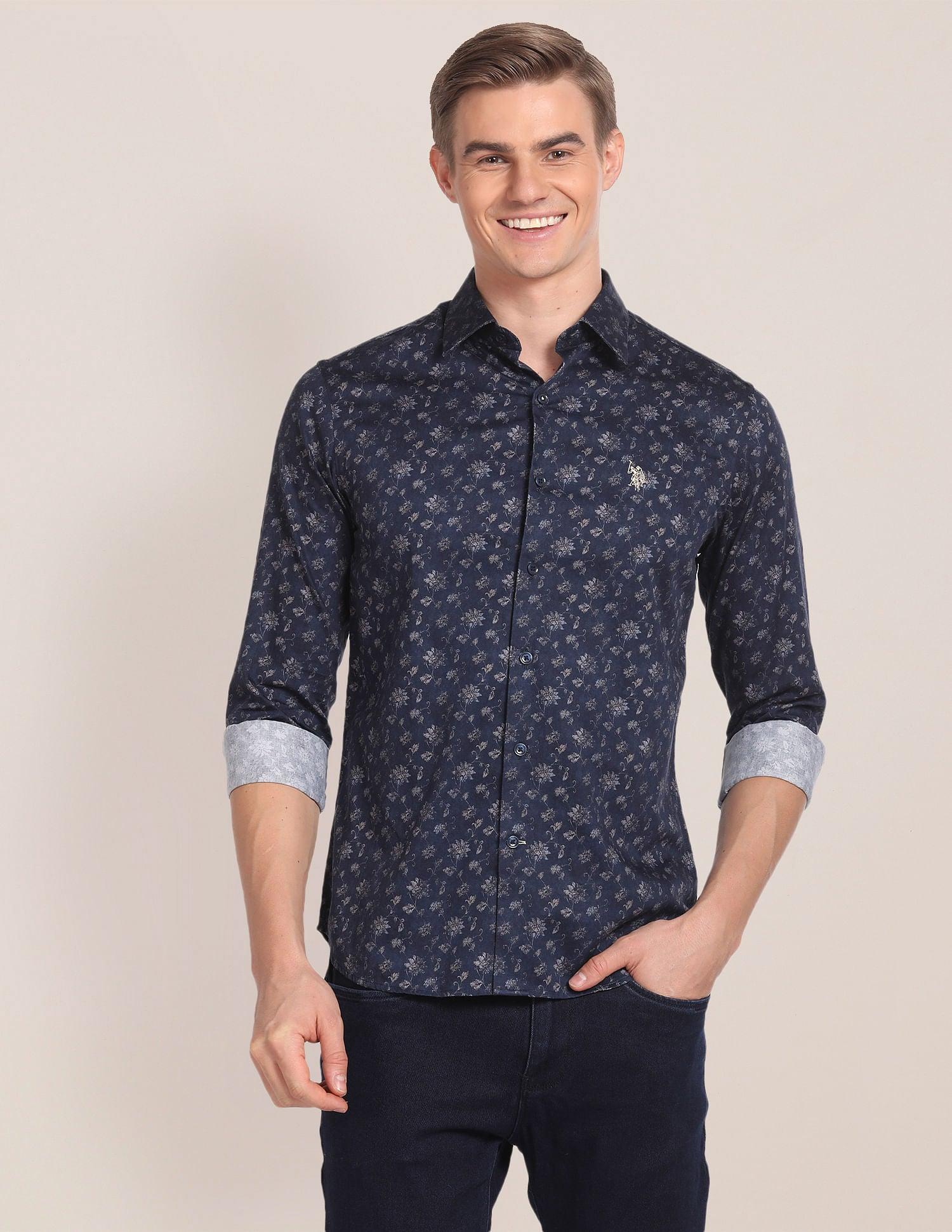 Blue Cutaway Collar Floral Print Shirt For Men